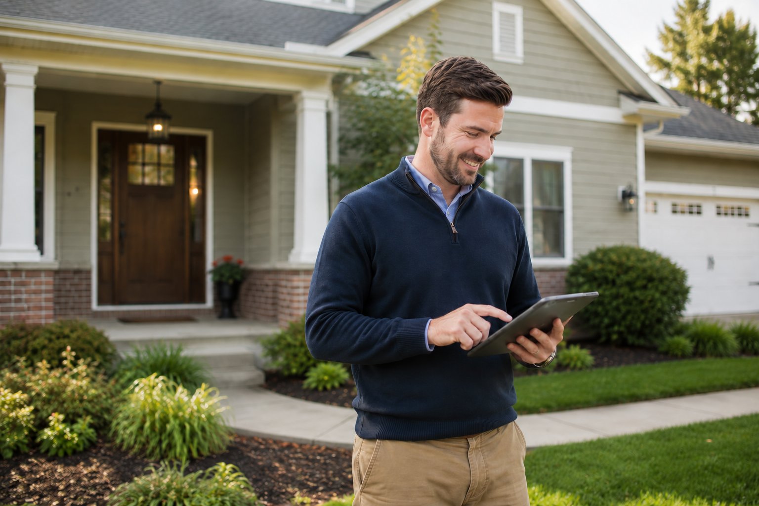 Property manager reviewing financials on a tablet outside a home